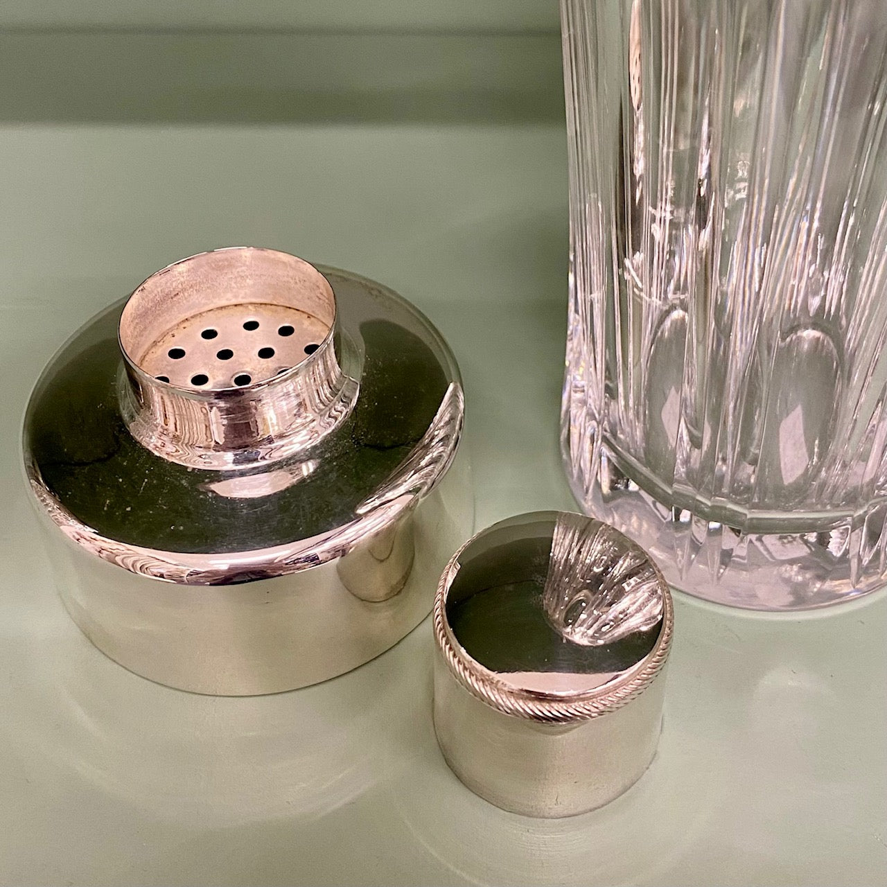 Cut Glass 1950's Cocktail Shaker with Silver Plated Lid