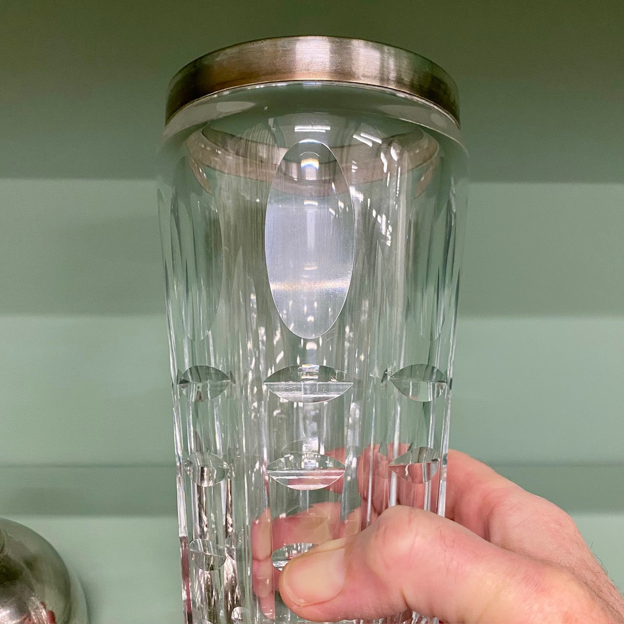 Cut Glass Cocktail Shaker with Silver Plated Domed Lid
