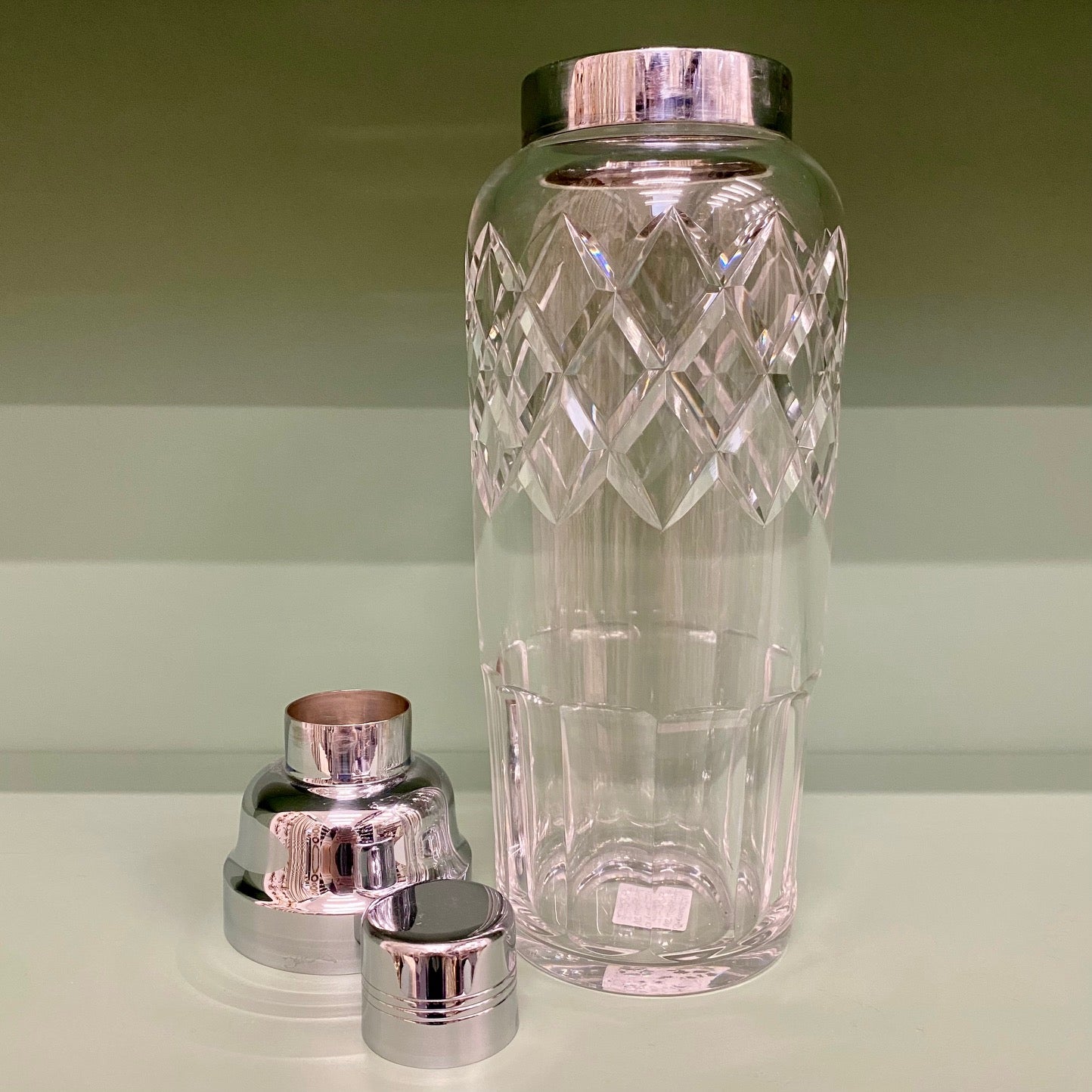 VINTAGE LARGE CUT GLASS & CHROME COCKTAIL SHAKER
