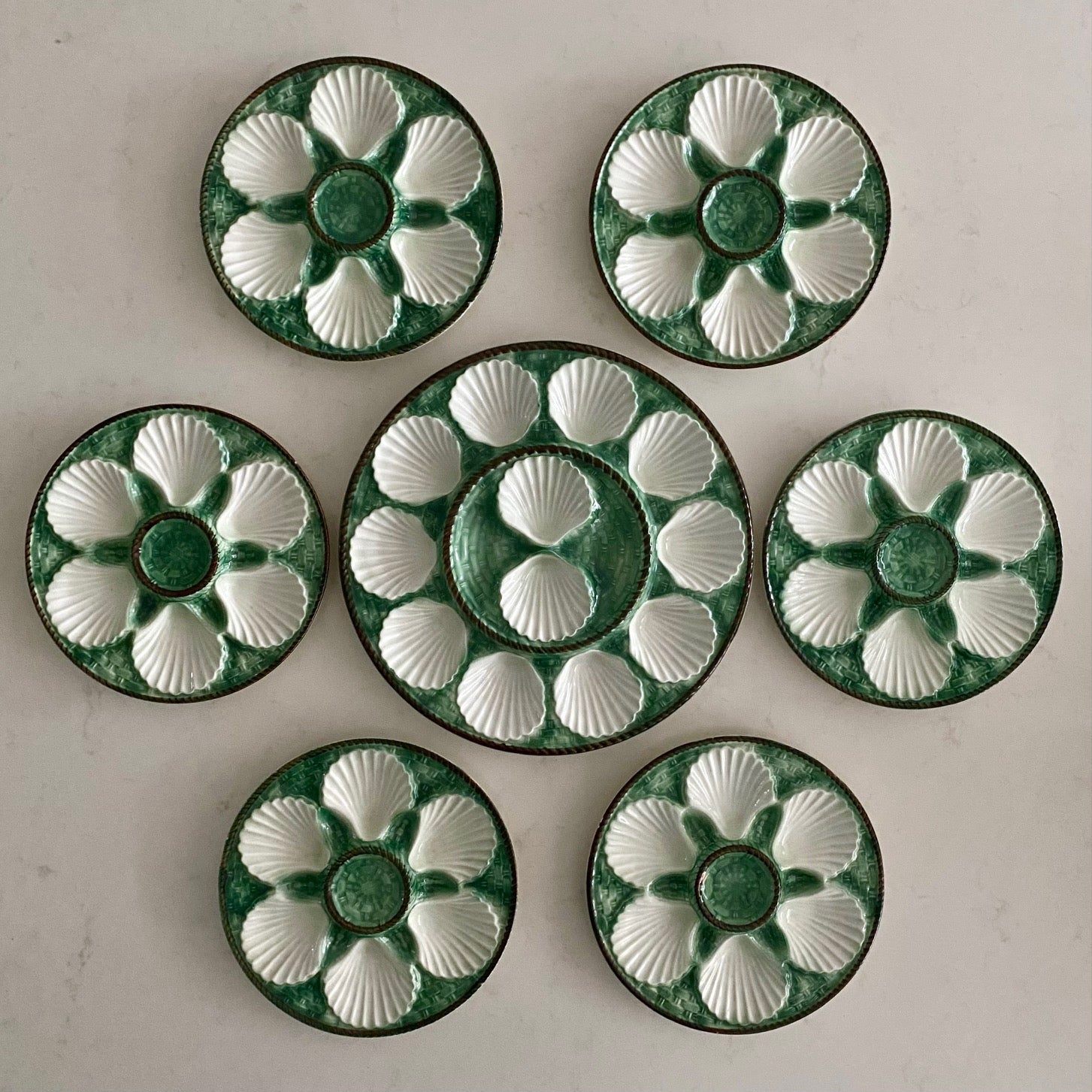 Vintage French 19th Century Majolica Basket Weave and Rope Design Oyster Platter & Six Plates F177