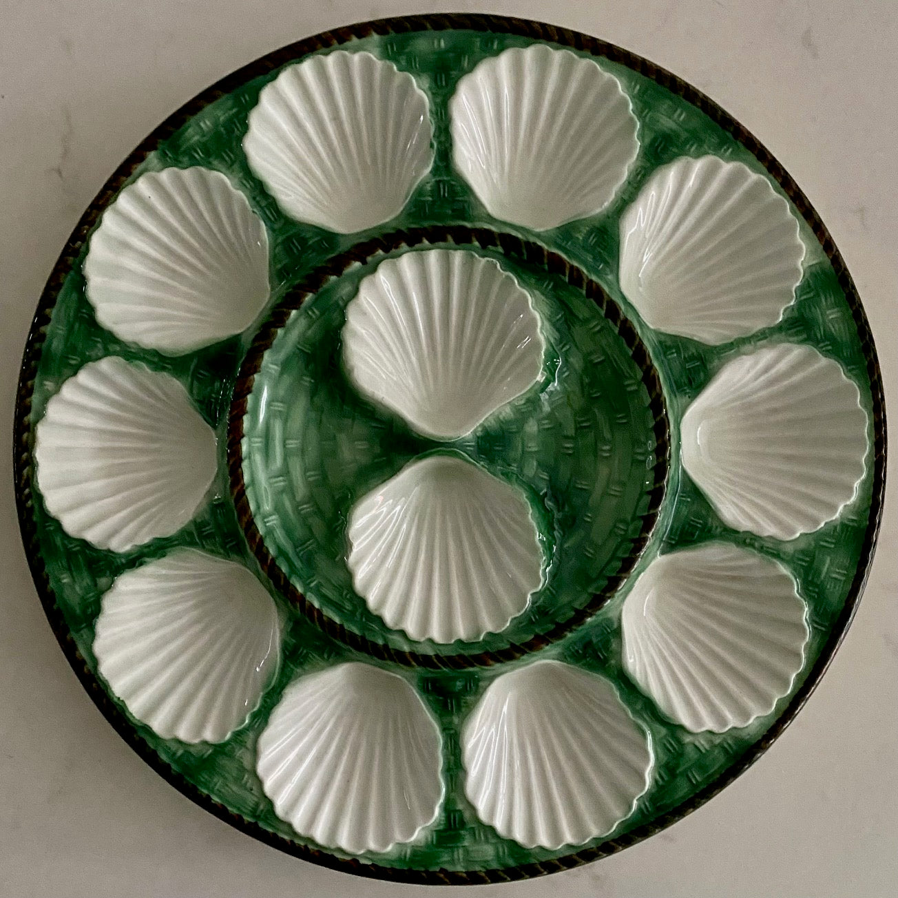 Vintage French 19th Century Majolica Basket Weave and Rope Design Oyster Platter & Six Plates F177