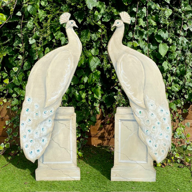 Pair Large Decorative Painted White Peacocks