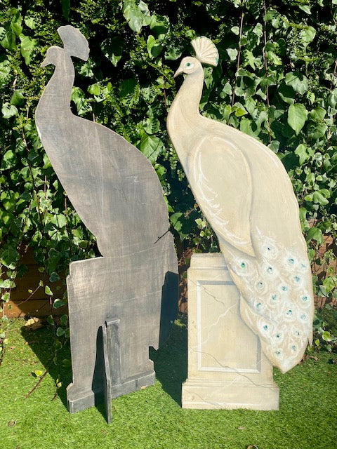 Pair Large Decorative Painted White Peacocks