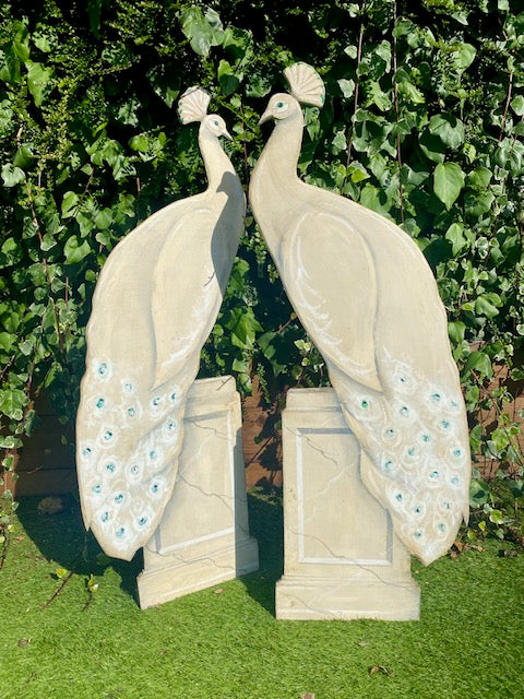 Pair Large Decorative Painted White Peacocks