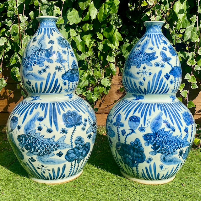 Pair Huge Vintage Blue & White Gourd Vases