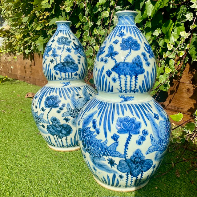 Pair Huge Vintage Blue & White Gourd Vases