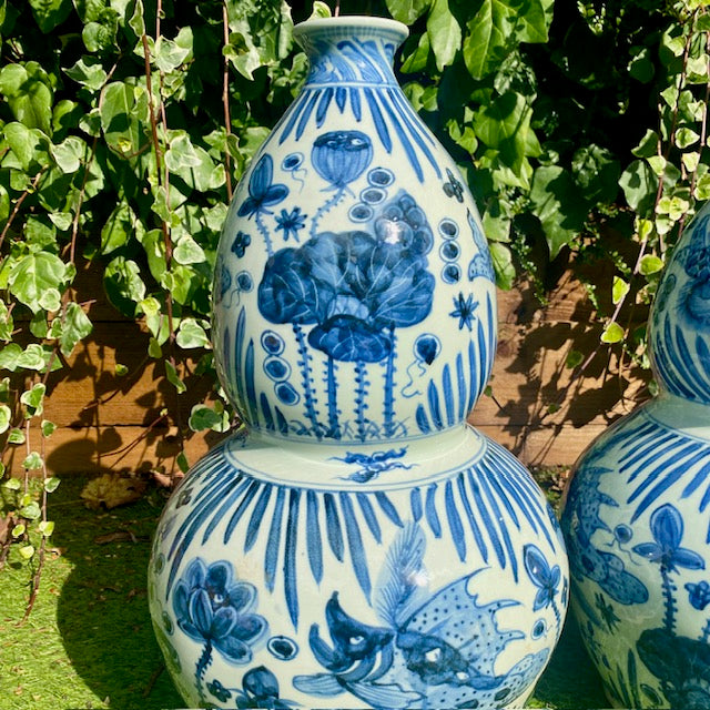 Pair Huge Vintage Blue & White Gourd Vases