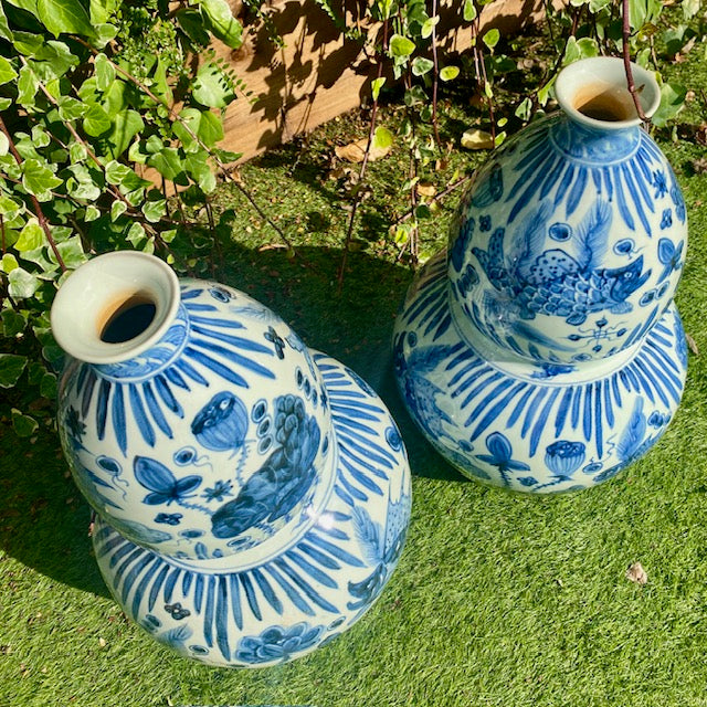 Pair Huge Vintage Blue & White Gourd Vases