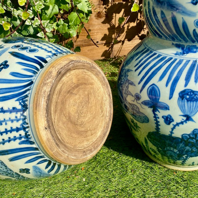 Pair Huge Vintage Blue & White Gourd Vases