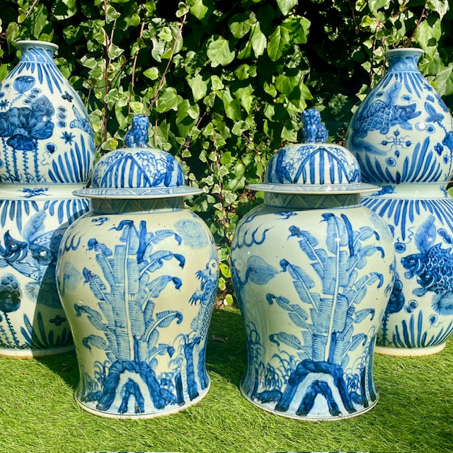 Pair Vintage Large Blue & White Ginger Jars