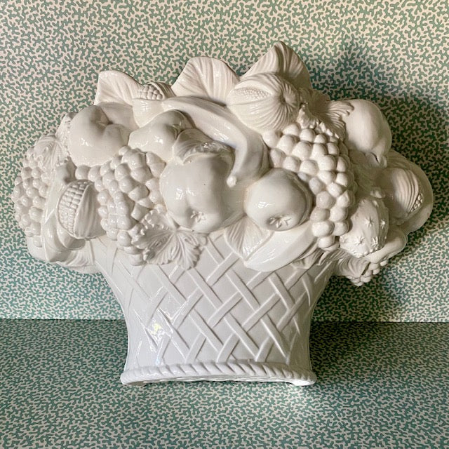 Vintage White Ceramic Fruit Basket Wall Pocket