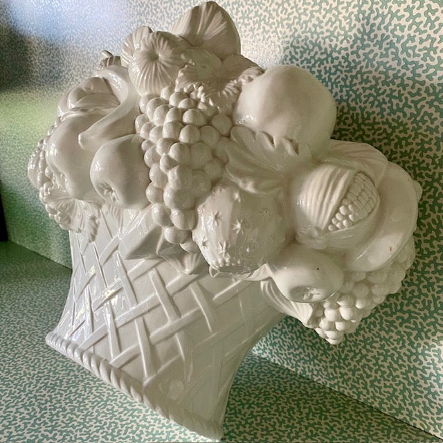 Vintage White Ceramic Fruit Basket Wall Pocket