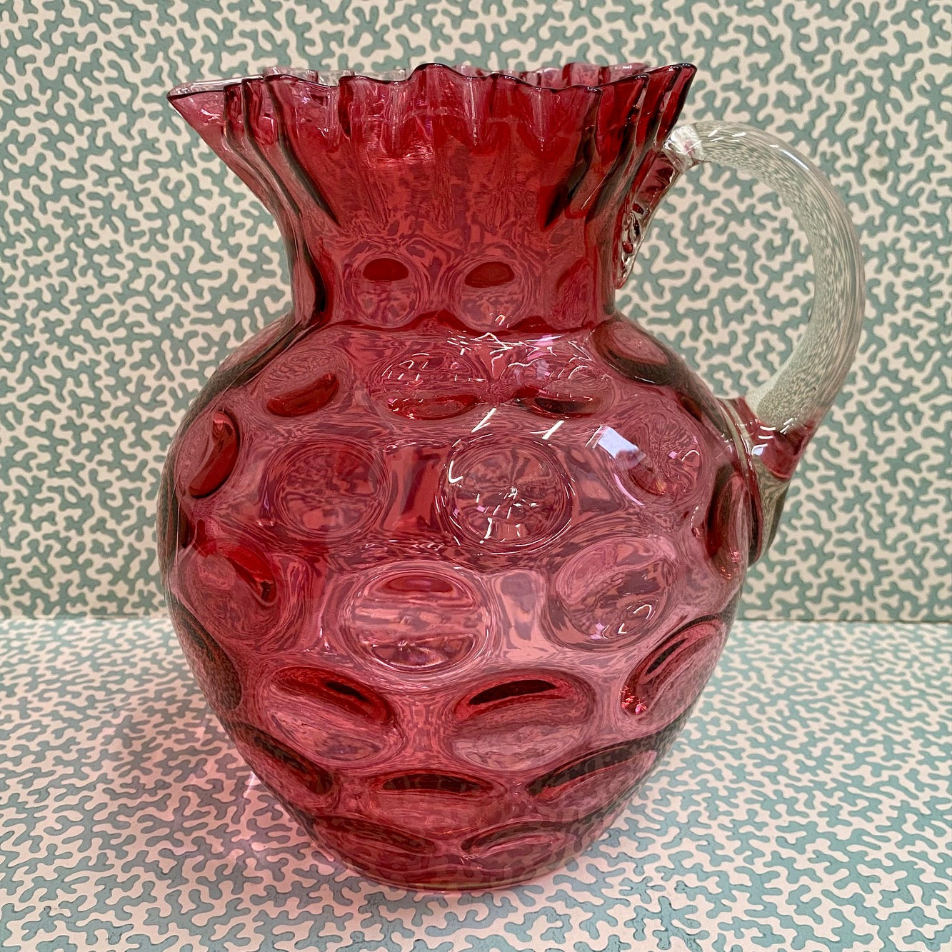 Large Cranberry Glass Jug with Dimpled Body and Frilled Top  S15