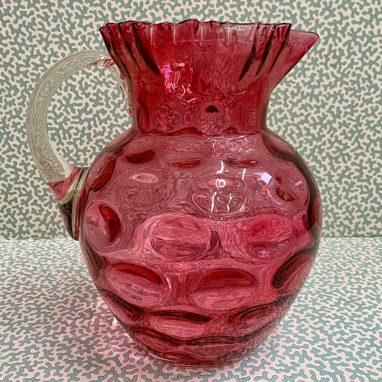 Large Cranberry Glass Jug with Dimpled Body and Frilled Top  S15