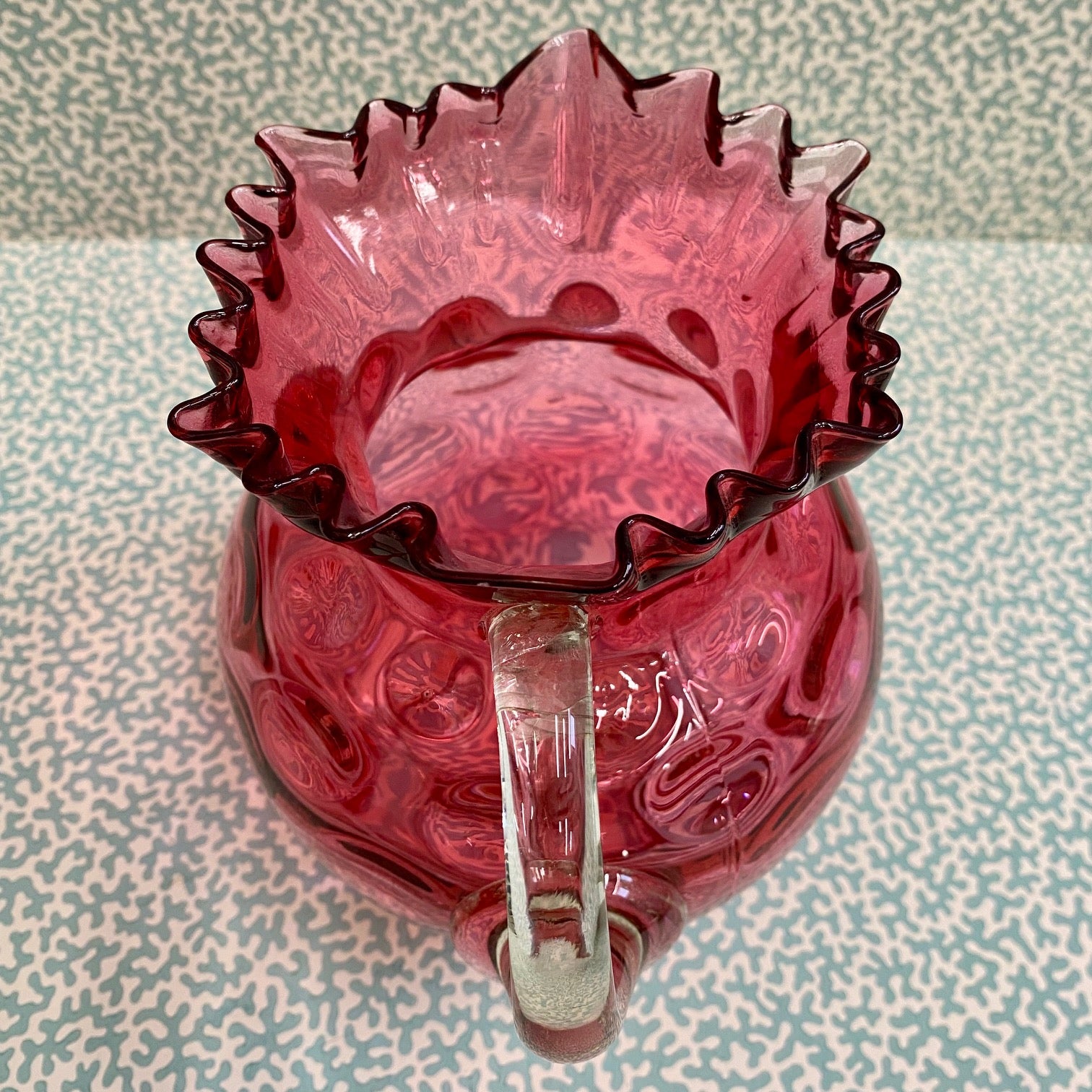 Large Cranberry Glass Jug with Dimpled Body and Frilled Top  S15