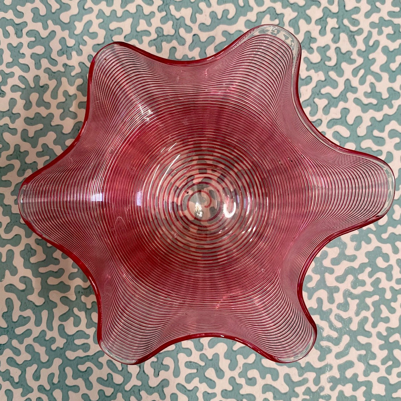 Cranberry Bonbon Threaded Glass with Frill Edge  V61
