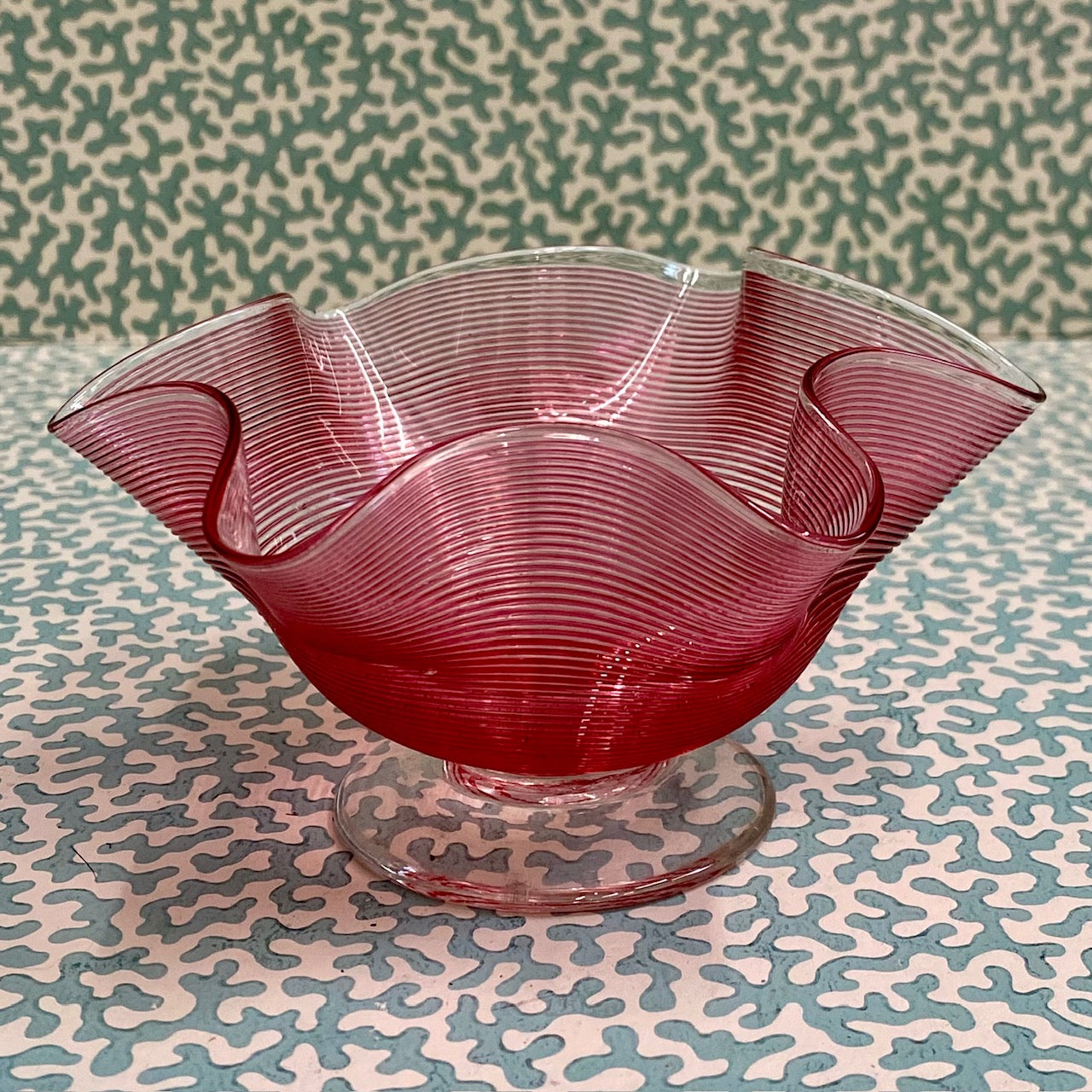 Cranberry Bonbon Threaded Glass with Frill Edge  V61