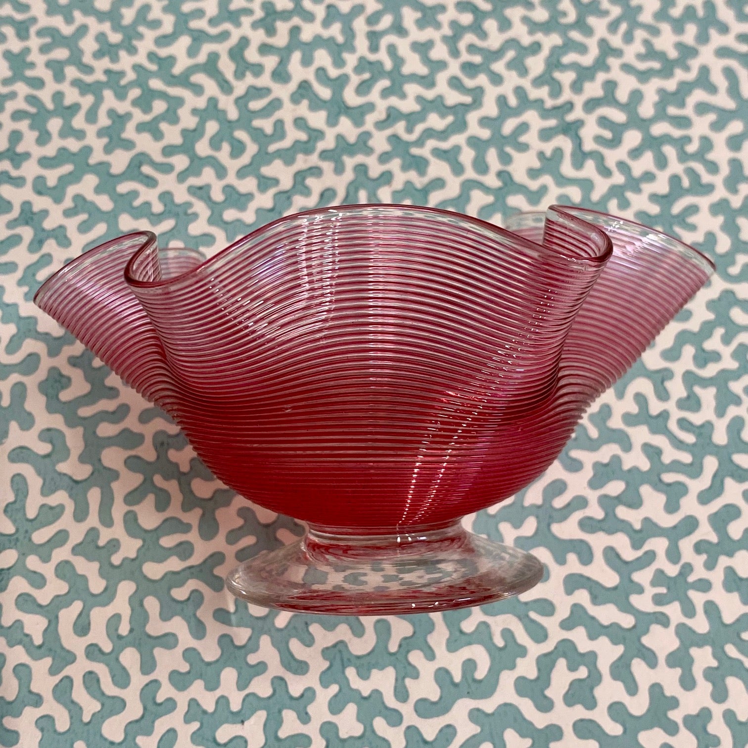 Cranberry Bonbon Threaded Glass with Frill Edge  V61