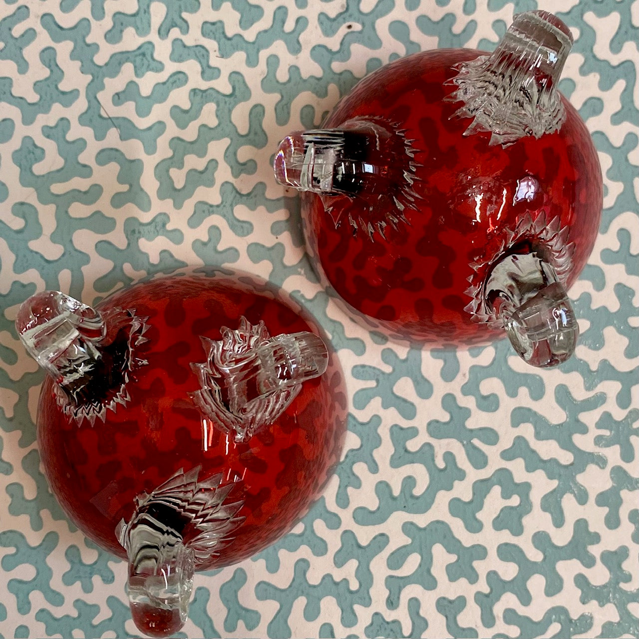 Pair Cranberry Glass Salts on Scroll Feet  T21