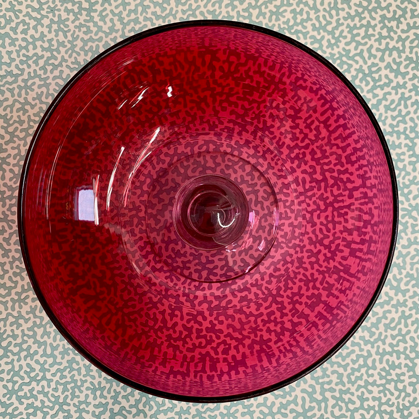 Cranberry Glass Tazza on Clear Pedestal  S21