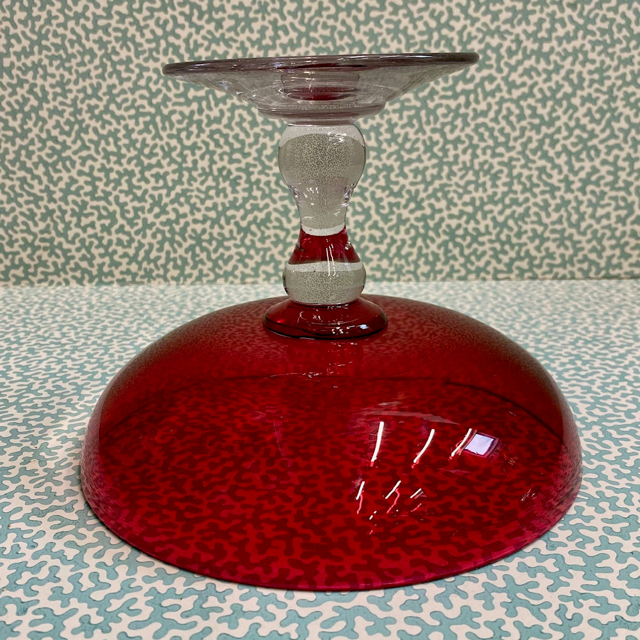 Cranberry Glass Tazza on Clear Pedestal  S21