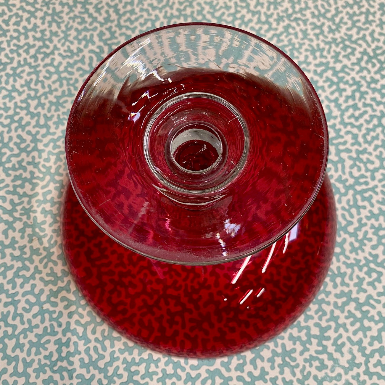 Cranberry Glass Tazza on Clear Pedestal  S21