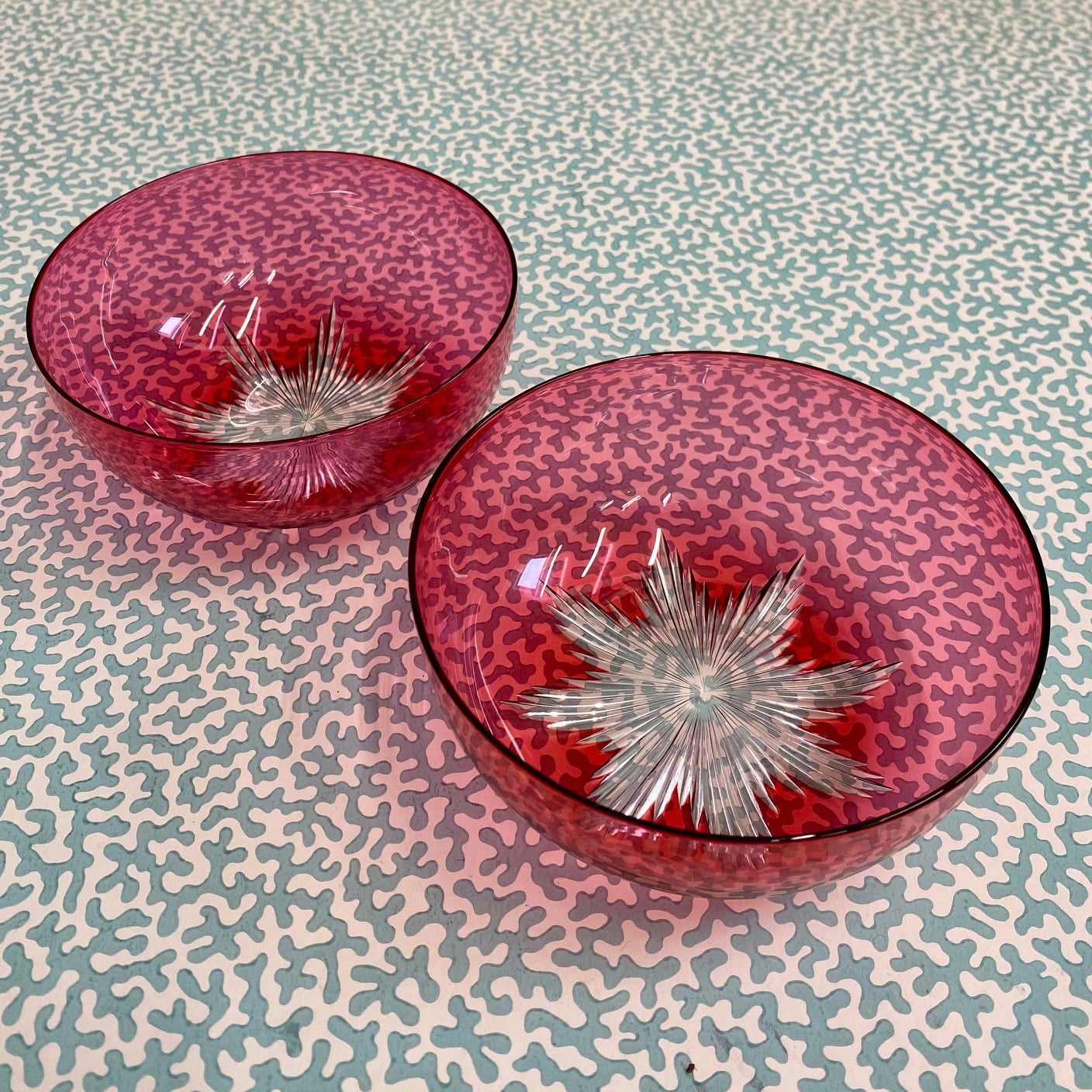 Pair Cranberry Glass Finger Bowls with Star Cut Base  S23