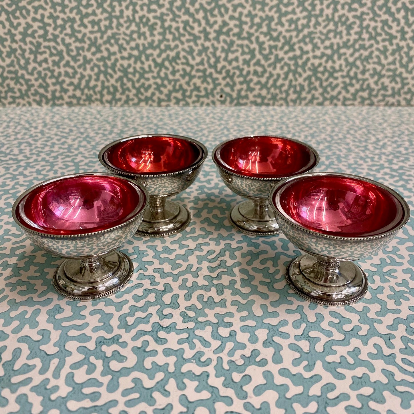 Set Four Cranberry Silver Plated Salts  Y42