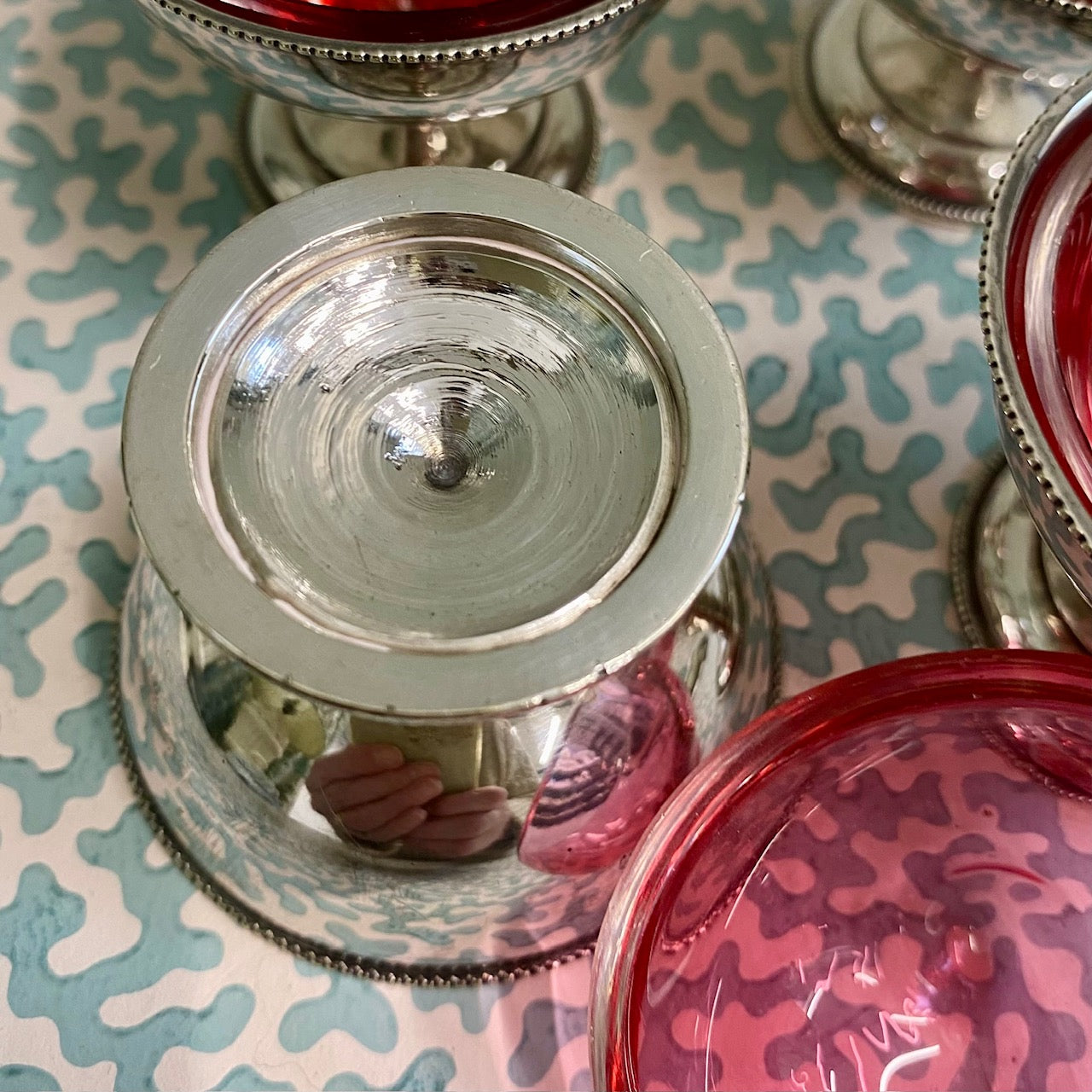 Set Four Cranberry Silver Plated Salts  Y42