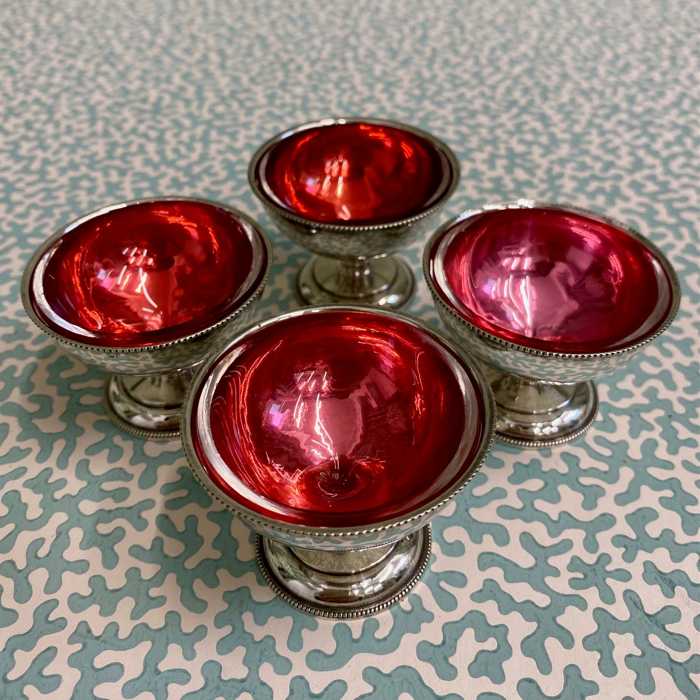 Set Four Cranberry Silver Plated Salts  Y42