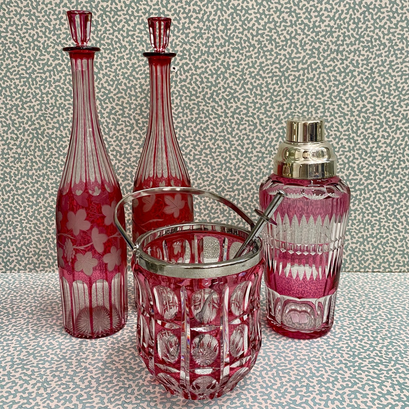 Pair Cranberry Glass Decanters  Z95