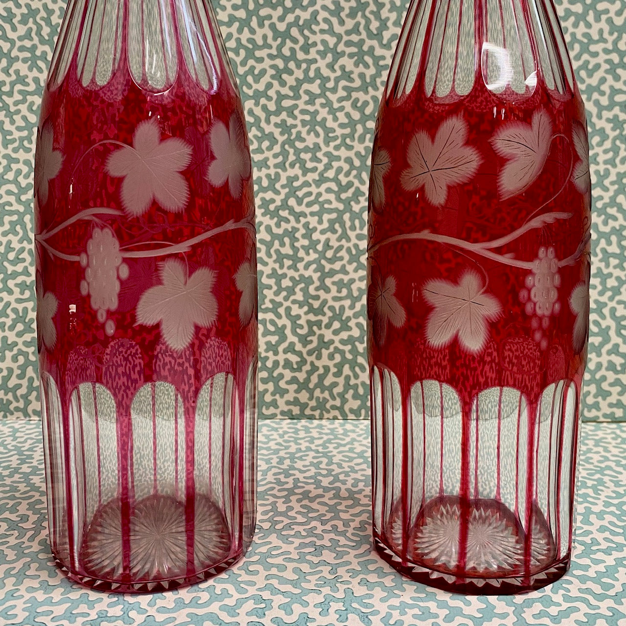 Pair Cranberry Glass Decanters  Z95