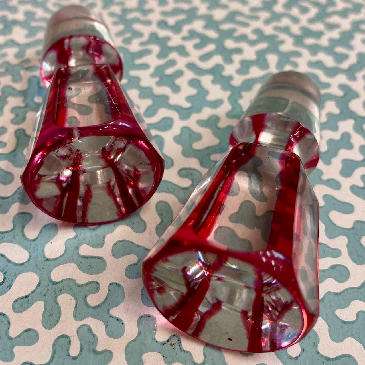 Pair Cranberry Glass Decanters  Z95