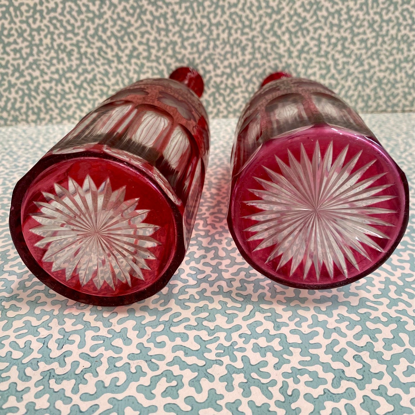 Pair Cranberry Glass Decanters  Z95
