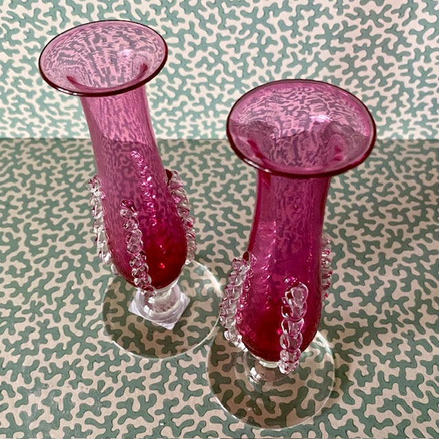 Pair Small Cranberry Glass Stem Bud Vases