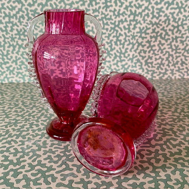 Pair Small Cranberry Glass Posy Vases