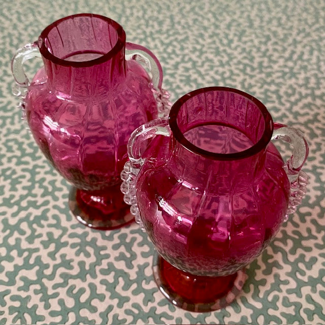 Pair Small Cranberry Glass Posy Vases