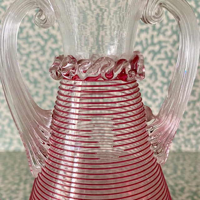 Pair Pink Thread Glass Urn Vases