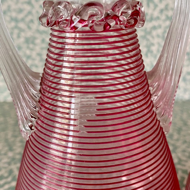 Pair Pink Thread Glass Urn Vases