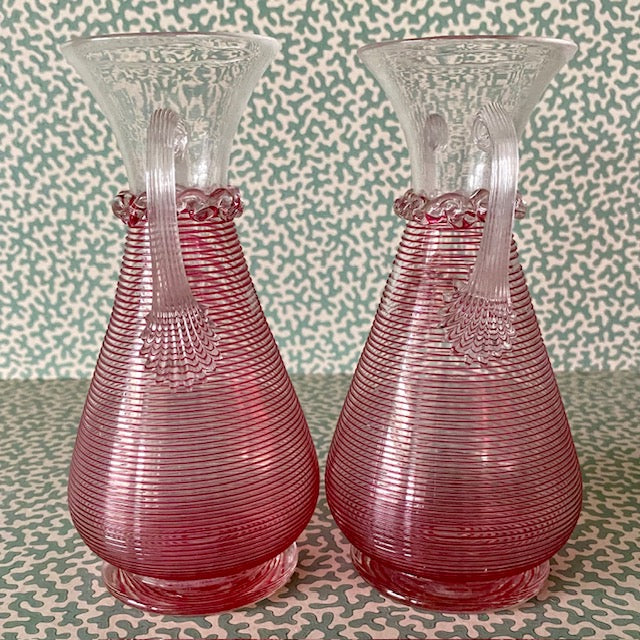 Pair Pink Thread Glass Urn Vases