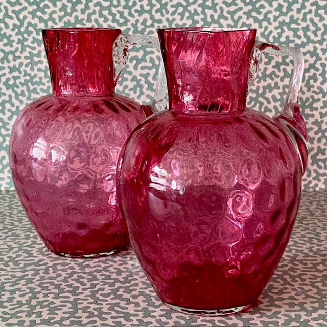 Pair Victorian Cranberry Glass Carafe Vases