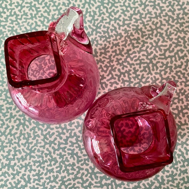 Pair Victorian Cranberry Glass Carafe Vases