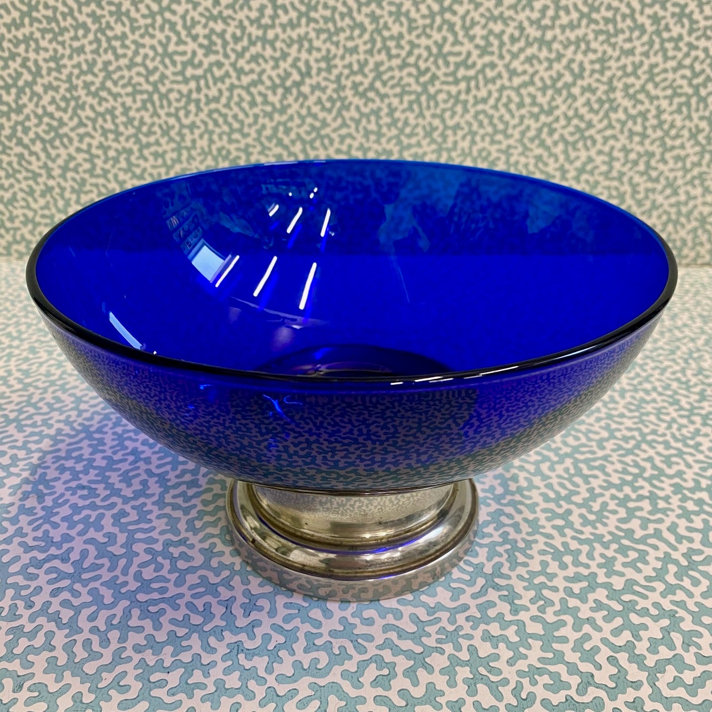 Cobalt Blue Glass Bowl with Silver Plated Pedestal Base  R93