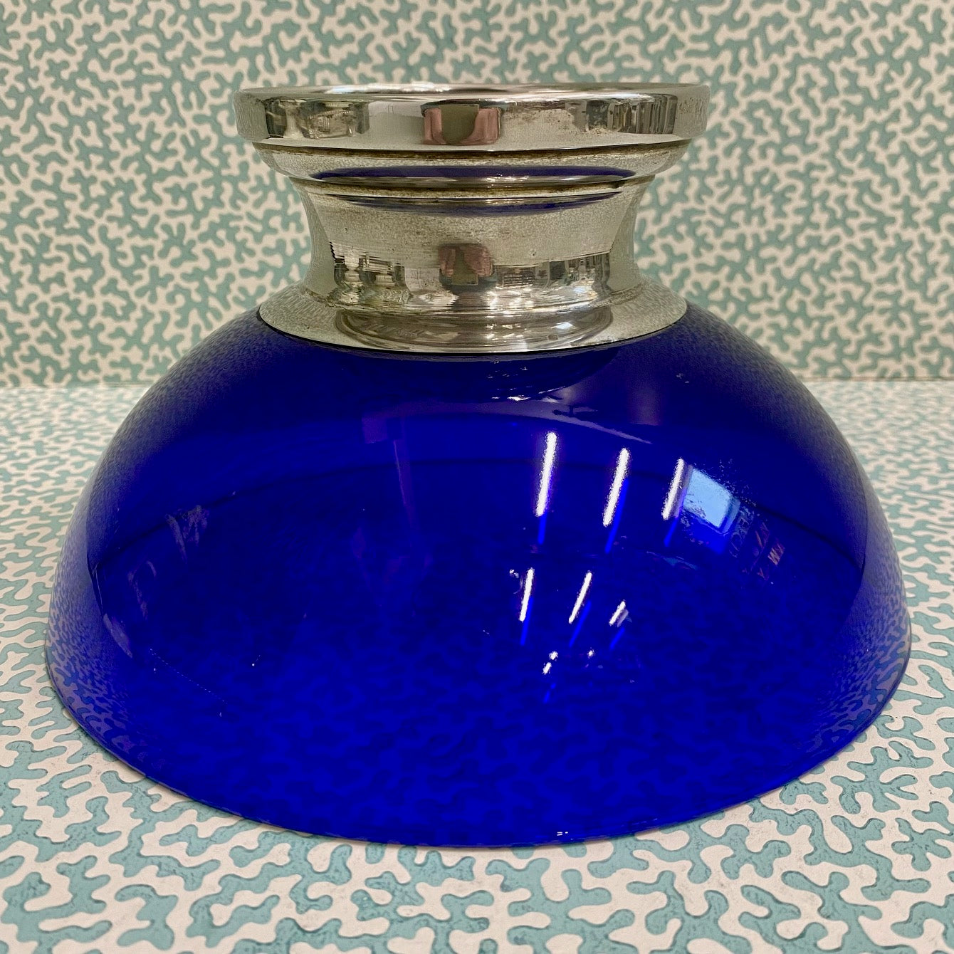 Cobalt Blue Glass Bowl with Silver Plated Pedestal Base  R93