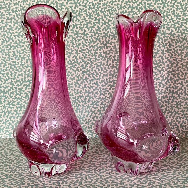 Pair Vintage Murano 1960's Pink Glass Vases