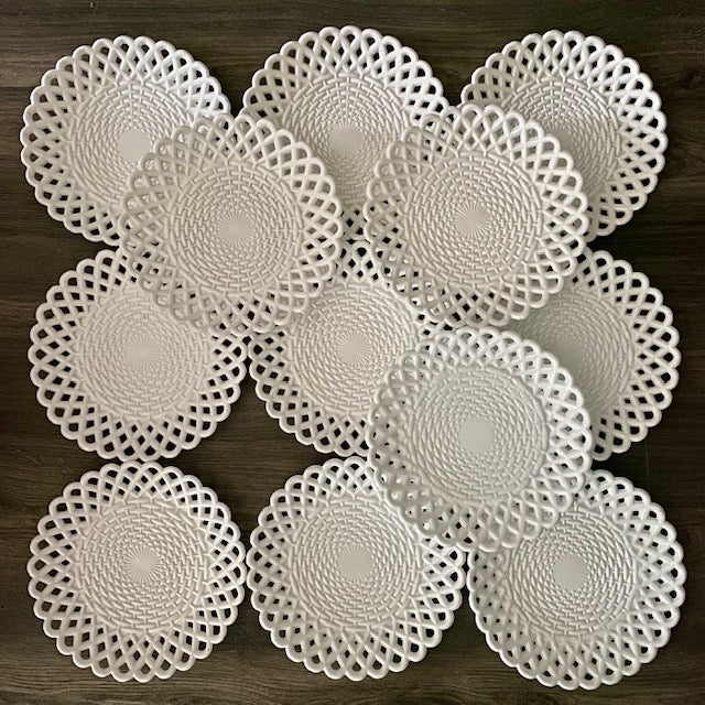 SET 12 ANTIQUE SOWERBY MILK GLASS LATTICE SIDE PLATES