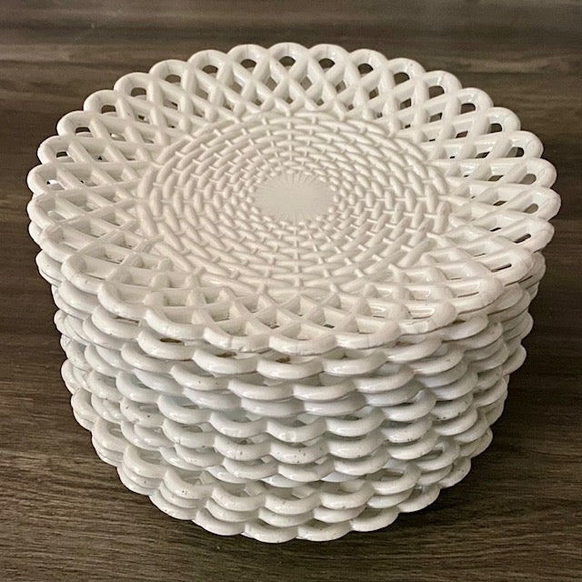 SET 12 ANTIQUE SOWERBY MILK GLASS LATTICE SIDE PLATES