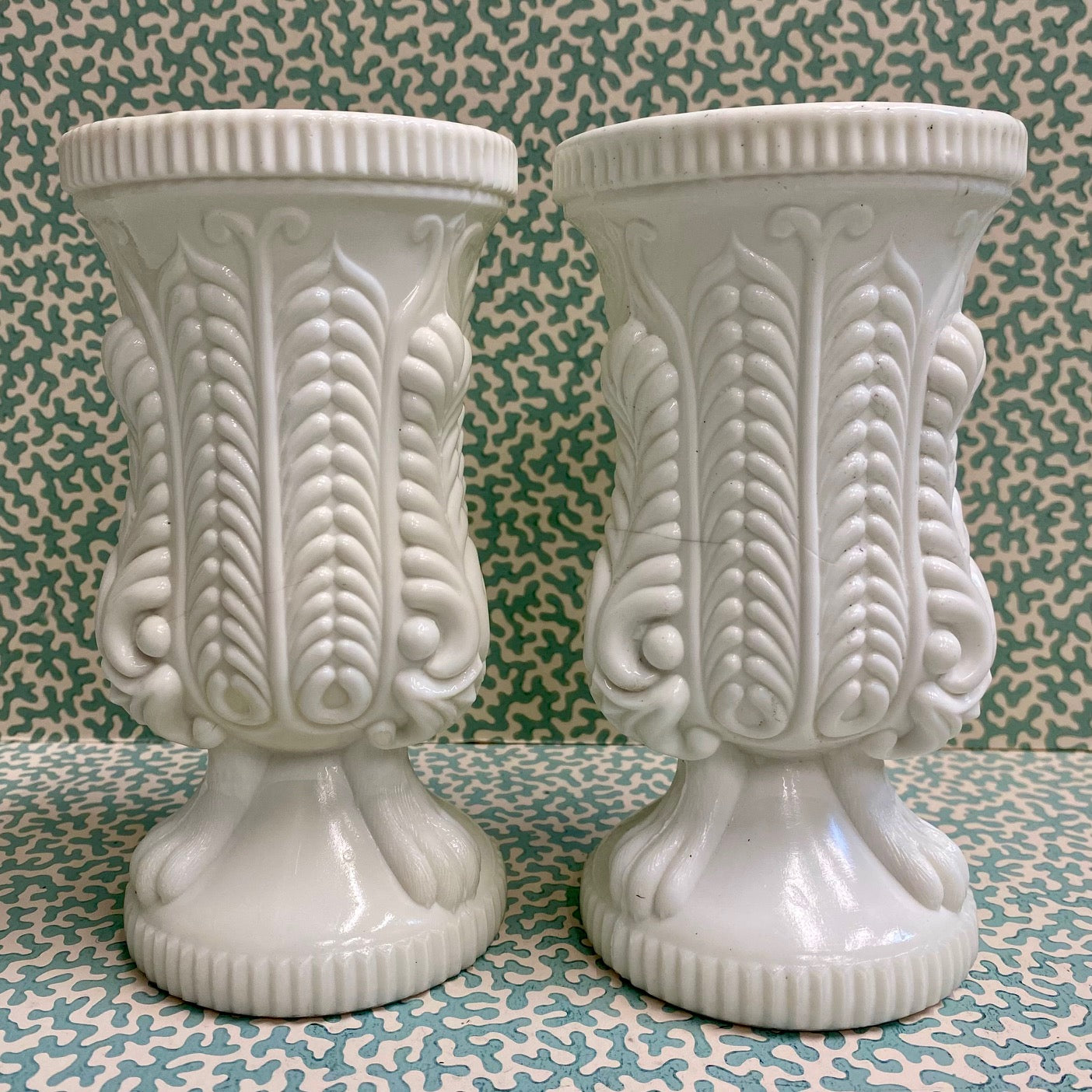 Pair Pressed Milk Glass Vases  D116