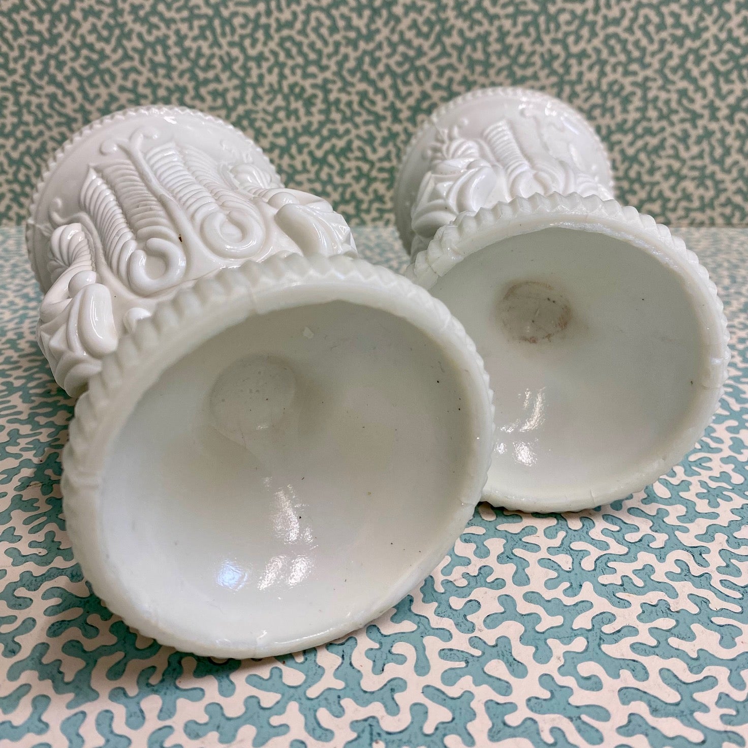 Pair Pressed Milk Glass Vases  D116