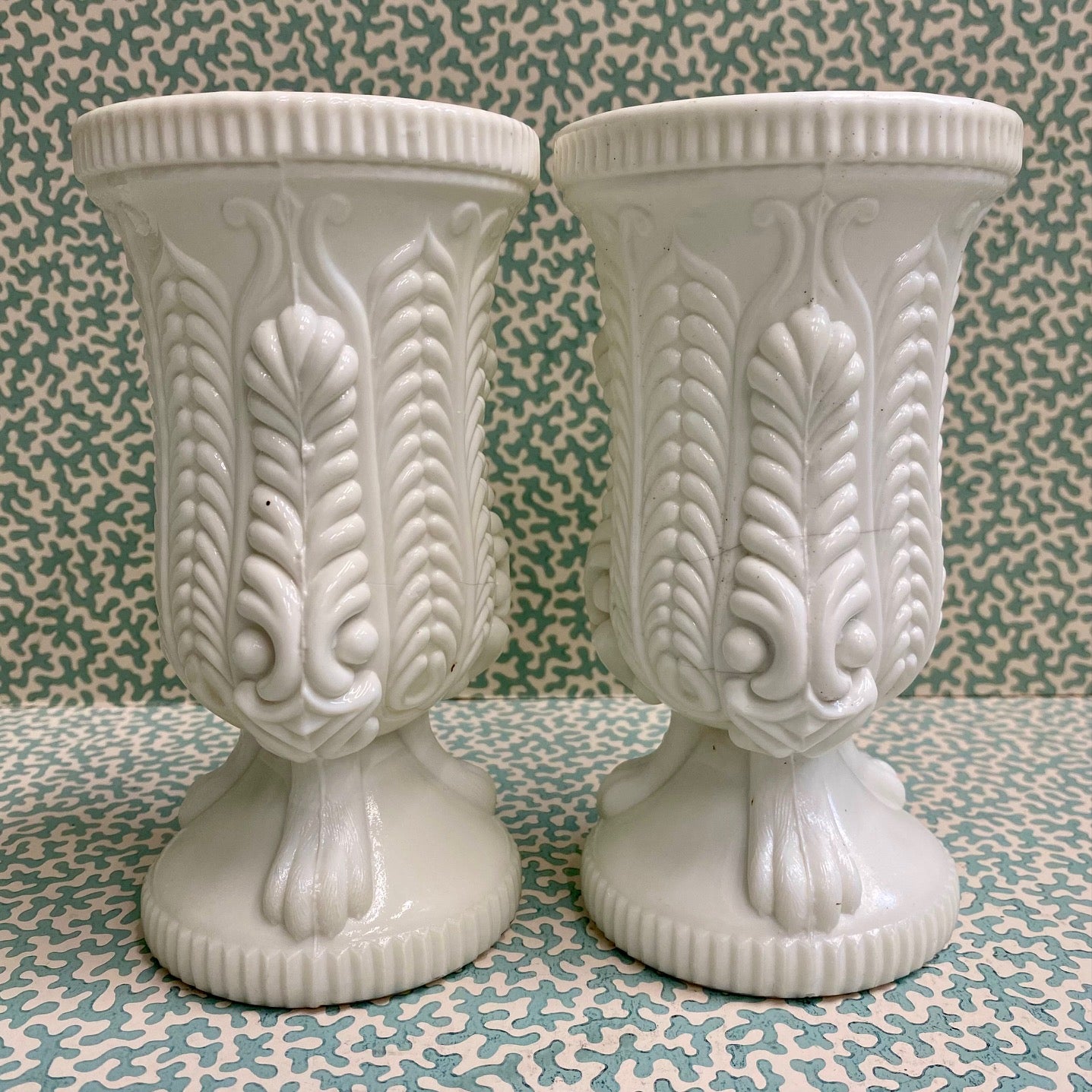 Pair Pressed Milk Glass Vases  D116